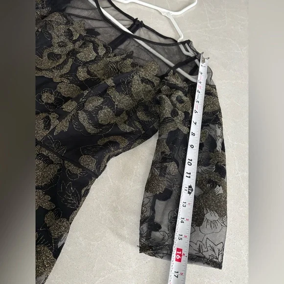 Adrianna Papell Black and Gold Lace Mesh Dress Long Sleeves Gown Size 12 - Picture 10 of 16